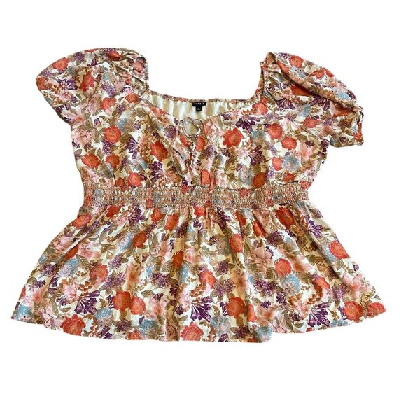 Torrid Colorful Floral Print Blouse Top Shirt Smocked Waist Short Sleeve Size 4x - Picture 1 of 11
